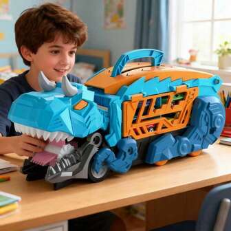 1 Set Camión Transportador de Coches de Dinosaurio de Juguete con 6 Coches de Aleación, Adecuado para Niños de 3-6 Años, Camión de Dinosaurio Transformable Lanzador de Raptor, Pista Plegable Transformable Camión de Carga, Juguete de Pista de Carreras de Coches para Niños, Mejor Regalo de Navidad/Vuelta al Colegio