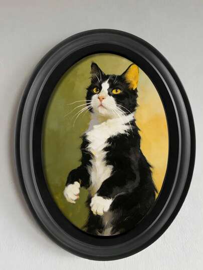 1pc Cute Cat Wooden Oval Frame Art, 3"X4" 5"X7" 8"X10" Retro Style Frame Art Print, Perfect For Valentine's Day, Christmas And New Year Home Decoration, Indoor/ Outdoor Use, Indoor Wall Decoration