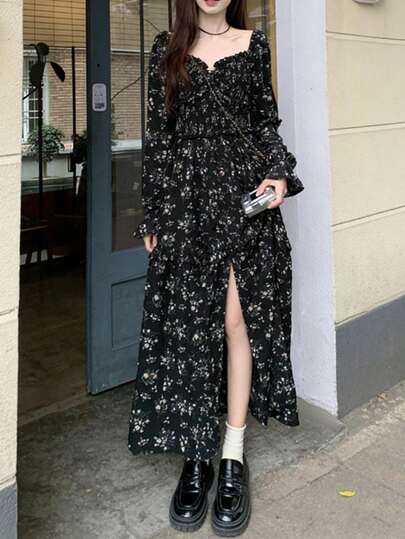 女士甜心领长袖碎花连衣裙，初秋新款