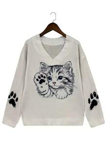 Suéter de punto con escote en V con estampado de pata de gato, holgado y casual de manga larga, moda de talla grande para mujer, ropa de invierno de talla grande para mujer en color blanco - Blanco - Ver 3