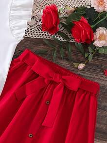 Conjunto de camiseta con estampado de dibujos animados y falda con hebilla para niñas - Rojo - Ver 5