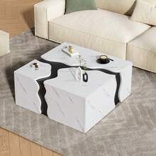Living Room Coffee Table, 70 X 70 X 31 Cm, Cube-Shaped Geometric Design, Side Table With Drawer, Table With Marble Veneer In A Unique Shape, Coffee Table, Storage Table, Game Table - White - View 7