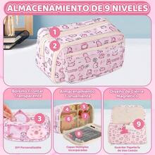 Estuche para Lpices de Capacidad con 9 Compartimentos, Estuche Papelera con Kawaii Patrn Animado, Bolsa de Lapicera Bolgrafos Cremallera de Gran Apertura para la Escuela, Oficina - Rosa claro - Ver 2