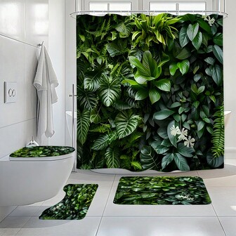 1pc/3pcs/4pcs Plant Green Leaf Wall Printed Shower Curtain Toilet Seat Bath Mat Floor Mat Set, Premium Leaf Printed Shower Curtain, Perfect For Bathroom Decoration, Universal Room Decoration, Home Decoration Set, Bathroom Accessories Bath Curtain Toilet Side Floor Mat Shower Curtain