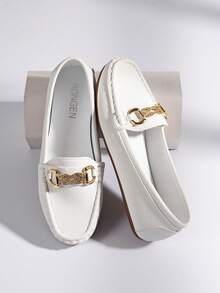 Women's Spring/Autumn Rhinestone Decor Flat Loafers, New Spring/Summer White Lychee Grain Slip-On Loafers With Metal Crystal Chain Decoration, Versatile Outdoor Comfortable Moccasins - White - View 5