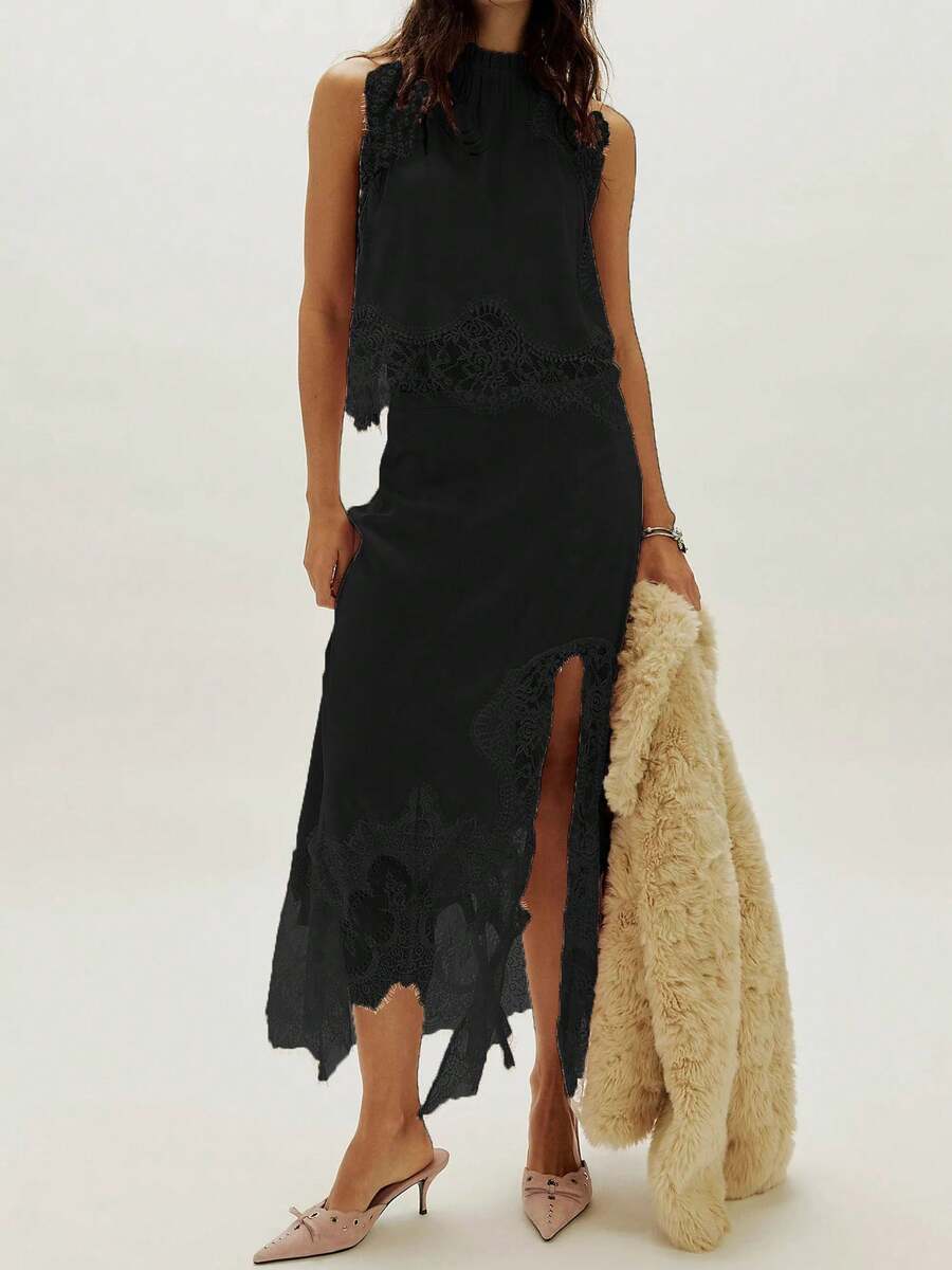 2 Piece Satin Skirts Outfits For Women Lace Trim Mock Neck Sleeveless Crop Tops With High Slit A Line Skirt Y2K Silk Flowy Maxi Skirts Set Streetwear - 黑色 - 查看 1