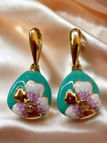 ZHIXUN 1 Pair Of Retro Bohemian Style Fashionable Elegant Flower Patterns Earrings, New Enamel Drop Flower Design, Suitable For Daily Matching And Gatherings - Earring 1 - View 1