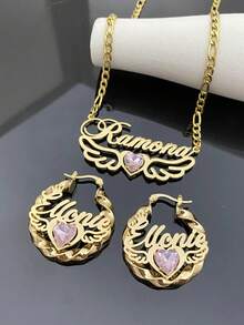 1set 3/7cm Earring+Necklace Set, 12 Birthstone Inlay Style Set, Fashionable Jewelry, Customizable Names, Valentine's Day Styles, Jewelry Set, Birthday Gift - Style 2 - View 6