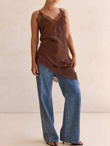 Women's Satin Lace Cami Top Silk V Neck Spaghetti Strap Camisole Asymmetrical Hem Flowy Long Lace Tank Slip Dress - 棕色 - 查看 3