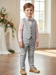 BOARNSEORL 3pcs Young Boys Gentleman Outfit - Long Sleeve Shirt With Bowknot, Gray Vest And Gray Pants, Fashionable, Suitable For Birthday Party, Wedding, Family Gathering, Valentine's Day - Grey - View 1