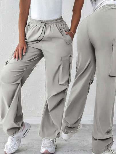 Dambyxor med vävda cargobyxor och elastisk midja, vävda arbetsbyxor för pendling, enfärgade, justerbar midja och fåll, året runt