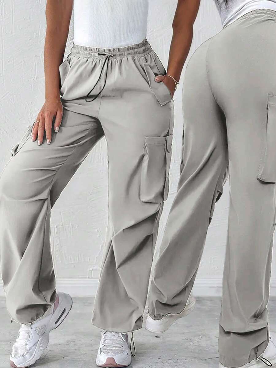 女士弹力腰多口袋梭织工装裤，休闲通勤工作裤，纯色，腰部和裤脚可调节，四季皆宜 - 淺灰色 - 查看 1