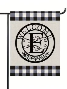 1pc Letter Combination Decorative Welcome Garden Flag, 12*18 Inches Double-Sided Printing, Plaid Pattern Black Garden Flag With Letter Decor, Suitable For Outdoor Yard Decoration, Flagpole Not Included - Black and White - View 12