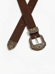 1pc Coffee Color Western Style Engraved Floral Pattern Suede Casual Waist Belt For Women, Autumn/Winter - Coffee Brown - View 3