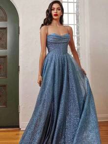 Elegant Women's Sleeveless Maxi A-Line Dress Shimmering Knitted Fabric V Neck Zipper Party Gown - Màu xanh lam - Xem 2