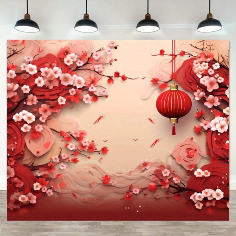 1件涤纶材质中国新年主题派对背景布，中国春节庆典红灯笼花卉摄影背景，新年派对成人摄影道具