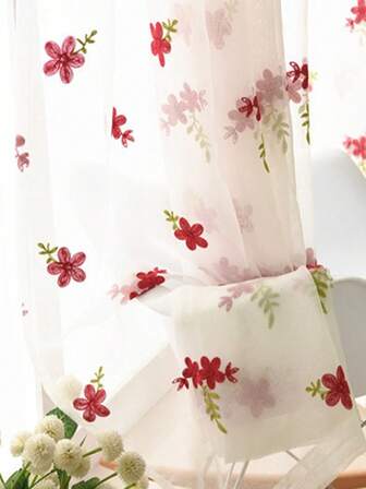 1Pc,Floral Red Curtains White Embroidered Voile Modern Window Living Room Tulle Curtain Fabrics