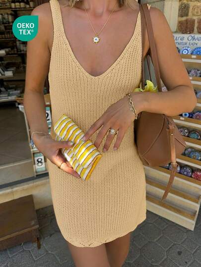 Women's Casual Sleeveless Solid Color Lightweight Vacation Coverup Mini Dress, Summer