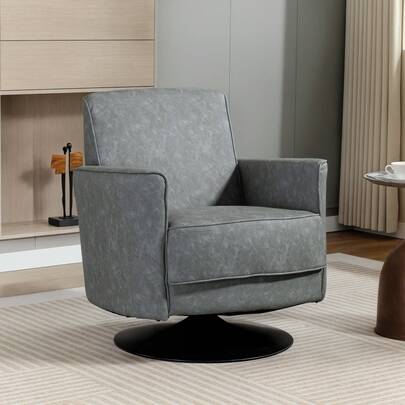 HOMCOM Swivel Accent Chair, Upholstered PU Leather Armchair With Wide Back And Thick Padding For Living Room, Bedroom, Grey