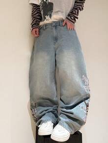 1 buc. Justice Brother, stil coreean de stradă, design brodat, spălat, albastru deschis, croială lejeră, blugi largi, pantaloni casual (curea și accesoriile nu sunt incluse)