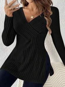 Nueva Blusa Casual de Moda de unicolor con Acanalado y Abertura Cruzada en el Bajo para Mujeres de Talla Grande - Negro - Ver 2