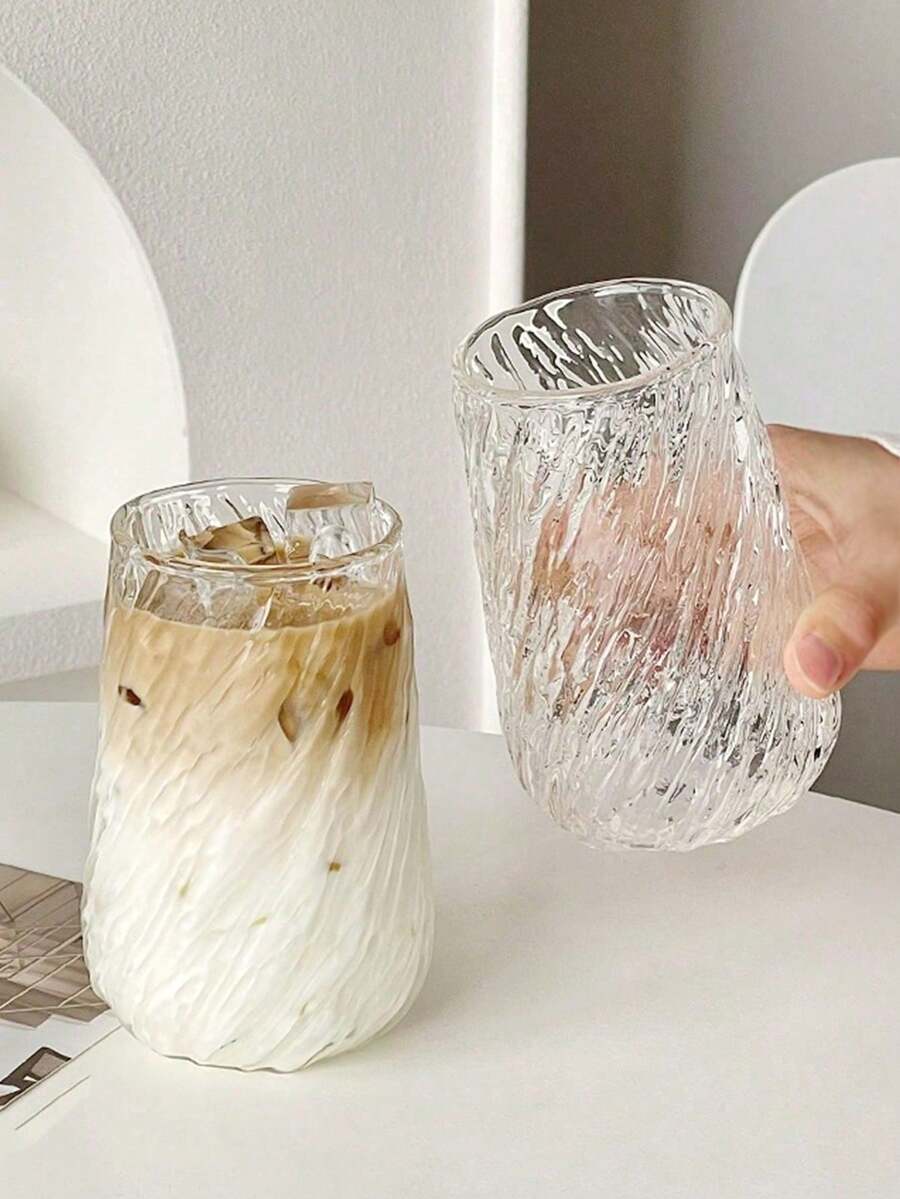 1pc Minimalist High-End Style 400ml Transparent Swirl Textured Glass Cup, Borosilicate Material, Heat-Resistant, Easy To Clean, Suitable For Home Drinking/Office Afternoon Tea/Home Bar/Outdoor Picnic, Fashionable Creative Appearance, Cold Drink Coffee Cup, Valentine's Day, Mother's Day, Father's Day Gift, Drinkware