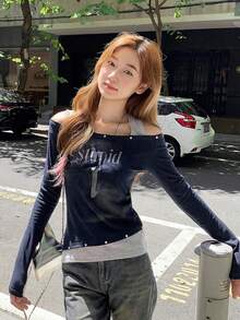 Kaos Lengan Panjang Wanita Model Off-Shoulder dengan Tali Leher, Potongan Slim Fit, Atasan untuk Padu Padan Kasual Awal Musim Gugur - biru laut - View 2