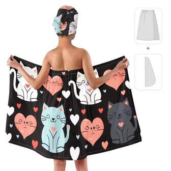 2pcs Cat Heart Print Absorbent Bath Robe & Hair Towel Set, Wearable Wrap, High Water Absorption, Bathroom Dress & Shower Cap