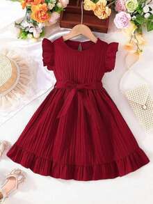 女童红色休闲连衣裙，可爱优雅，适合玩耍、氛围装扮分享、送礼及节日穿着 - 紅色 - 查看 1