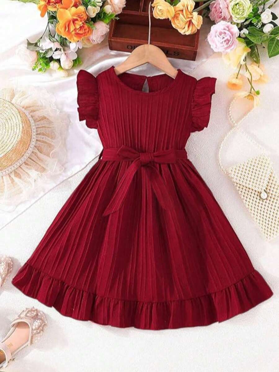 女童红色休闲连衣裙，可爱优雅，适合玩耍、氛围装扮分享、送礼及节日穿着 - 紅色 - 查看 1