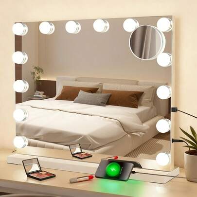 Beleuchteter Schminkspiegel - Schminktisch Spiegel mit 14 LED-Leuchten, USB-Anschluss, großer 50x40cm Kosmetikspiegel - 3 Modi, Touch dimmbar