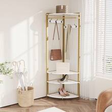 Corner Coat Rack, Corner Hall Tree With Shoe Bench Shelf & 6 Double Hooks For Entryway, Hallway, Bathroom, Closet - 白色 - 查看 2