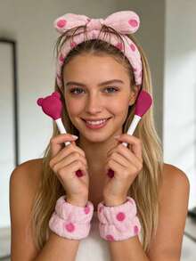 Luxury Skincare Tool Set - Silicone Mask Brush + 2 Wristbands + Spa Headband, Cute Bow Design For Facials & Makeup, Perfect Gift For Women & Girls - Pink - View 1