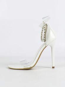 Women's Pearl Anklet Decorated Peep Toe Lace-Up High Heel Sandals, Elegant White High Heel Sandals For Summer - White - View 7