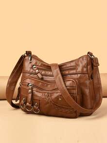 Bolso bandolera de gran capacidad versátil y portátil, accesorio de anillo de hierro remachado de PU, regalo retro para mujer - Marrón - Ver 1