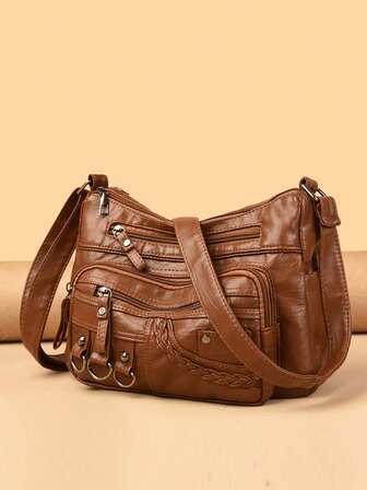 Bolso bandolera de gran capacidad versátil y portátil, accesorio de anillo de hierro remachado de PU, regalo retro para mujer