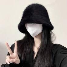 1顶女士保暖渔夫帽，大号头围，毛绒材质，适合秋冬季佩戴 - 黑色(A) - 查看 2