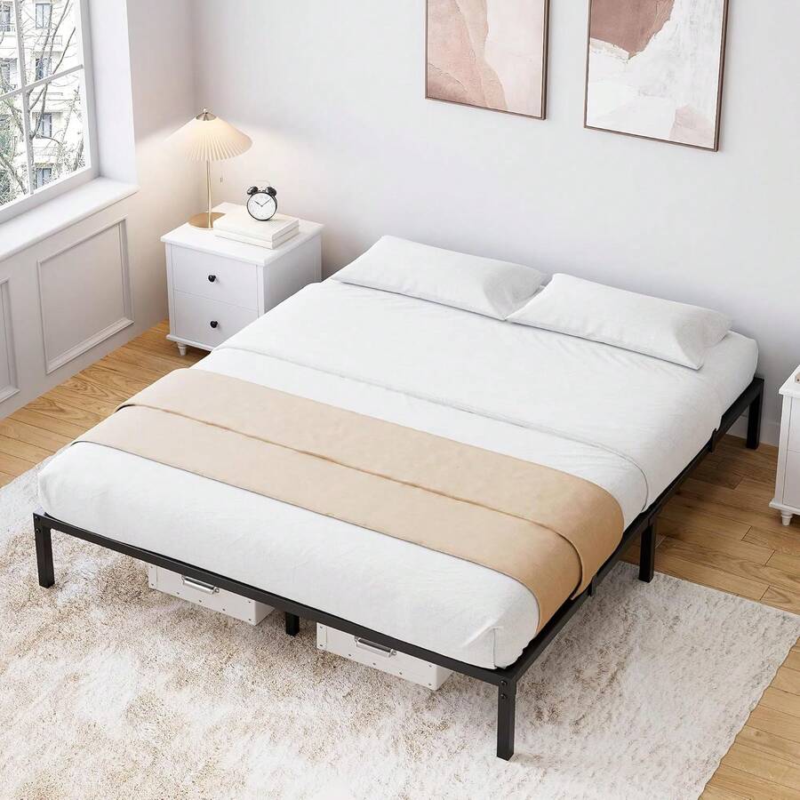 Marco de cama completo de 12 pulgadas, sin necesidad de somier, plataforma de metal resistente, tamaño completo para dormitorio, fácil de montar, silencioso, color negro. - 75,2" de largo x 53,9" de ancho x 12" de alto - Ver 1