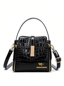 女士漆皮手提包，高品质内袋真皮水桶包，女士单肩包，奢侈品牌斜挎包，女士礼物 - 黑色 - 查看 4