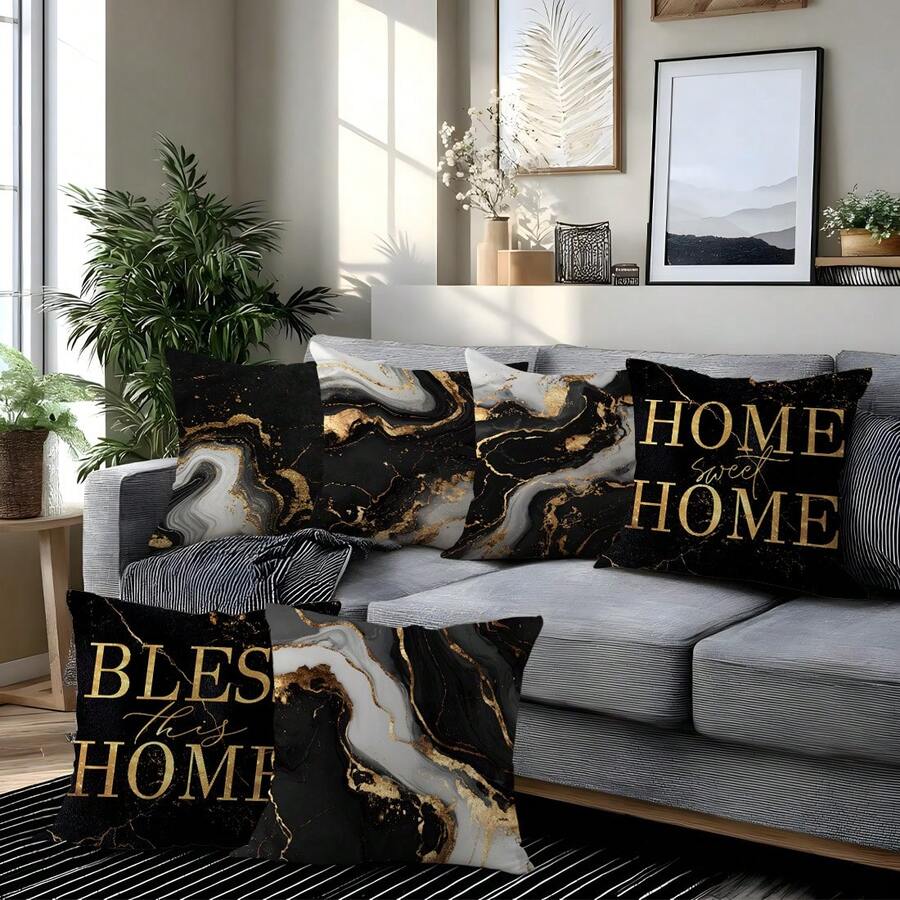 MEMNUN 6pcs Modern Minimalist Black Gold Marble Texture "Home Sweet Home & Bless This Home" Printed Throw Pillow Covers [No Pillow Insert], 17.7*17.7in(45*45cm)/19.69*19.69in(50*50cm)/15.75*15.75in(40*40cm), [Single-Sided Printing] Polyester Cushion Covers For Sofa, Bed, Living Room, Bedroom, Car, Office, Hotel Decor, Perfect Gift For Family And Friends, All Seasons