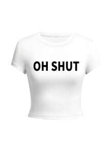 Women's Round Neck Short Sleeve T-Shirt, American Style Babe, Summer New Letter Print, Slim Fit Fashion Cropped Top - White - View 3