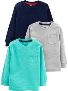 ¡RecomendadoSimple Joys by  Paquete de 3 Camisas de Manga Larga Camisa para Niños¡Top de Temporada - Verde aguamarina/gris/azul marino - Ver 1