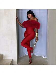 Jumpsuits For Woman Winter Clothes For Women One Piece Jumpsuit Thanksgiving Outfit Women MAO MAO's One-Shoulder Sexy Tight Jumpsuit - 紅色 - 查看 2