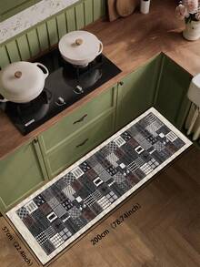 1 Stück Vintage amerikanischer Stil geometrisches Patchwork Muster Silikon Badezimmermatte, bestehend aus Stoffoberfläche, Schaumstoffmittellage und Gummiboden, geeignet für Küche, 3,5 mm dick, Retro Patchwork Design in Grau, Braun und Weiß Tönen