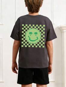 1pc Tween Boy Palm Tree & Smiling Face Print Short Sleeve T-Shirt, Summer Top Preparing For Beach Play - Dark Grey - View 2