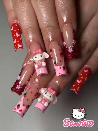  24PCS Long Coffin Fake Nail HelloKitty Pink French Sanrio Strawberry Flower Pointed Nail Art Cute Chrome Alloy Acrylic Press Nail Gel Nail Art Nail Art Supplies Nail Art Set (Attached: A Piece Of Jelly Gel And File) Suitable For Women Daily Dating Party