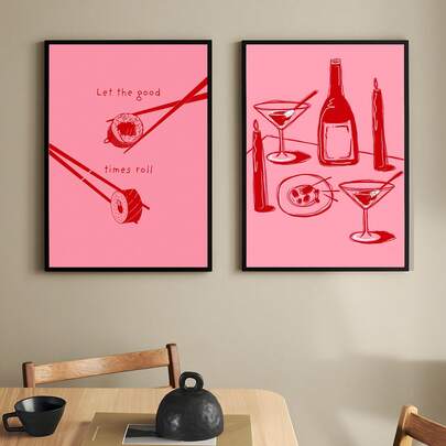 1/2 piezas Cuadro de arte de pared minimalista rosa "Que rueden los buenos tiempos" Impresiones en lienzo Carteles de Martini Decoración de fiesta y cóctel para sala de estar, bar, regalo para amigos Enmarcado Sin enmarcar