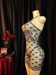 2pcs Women's Heart Mesh Sheer Sexy Lingerie, Halter Design, Valentine's Day Sleepwear, Heart Print Mesh Halter Nightgown, Tight Fit To Accentuate Figure - Black - View 5