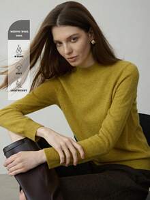 100% Merino Wool Solid Color Turtleneck Sweater, Women's Warm Pullover, Basic Top For Autumn/Winter, Suitable For Christmas, Thanksgiving, New Year - Mustard Yellow - View 8