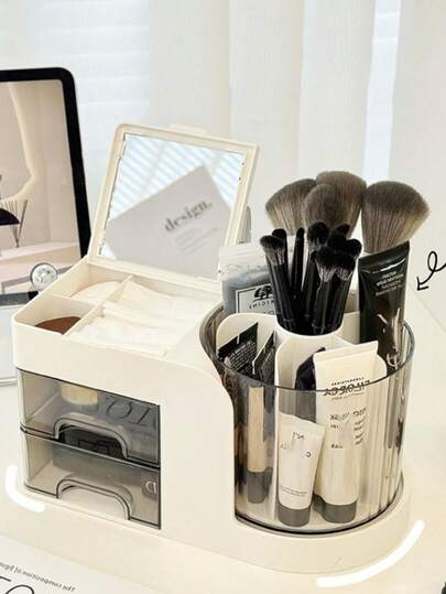 360°旋转多功能化妆品收纳盒，带抽屉、镜子，可收纳化妆品、刷子、文具，蝴蝶装饰，DIY